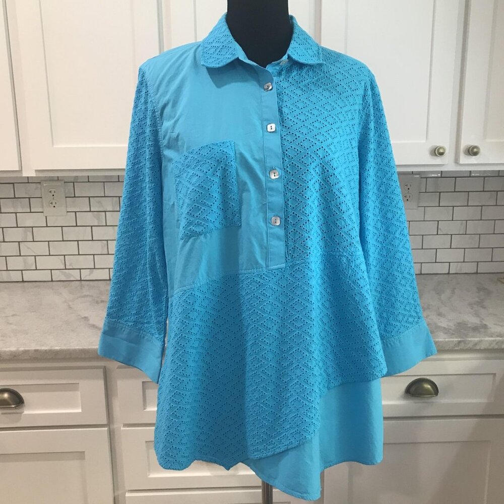 John Mark Shirt Womens‎ Large Turquoise Eyelet Lace Popover Asym Hem Long Sleeve